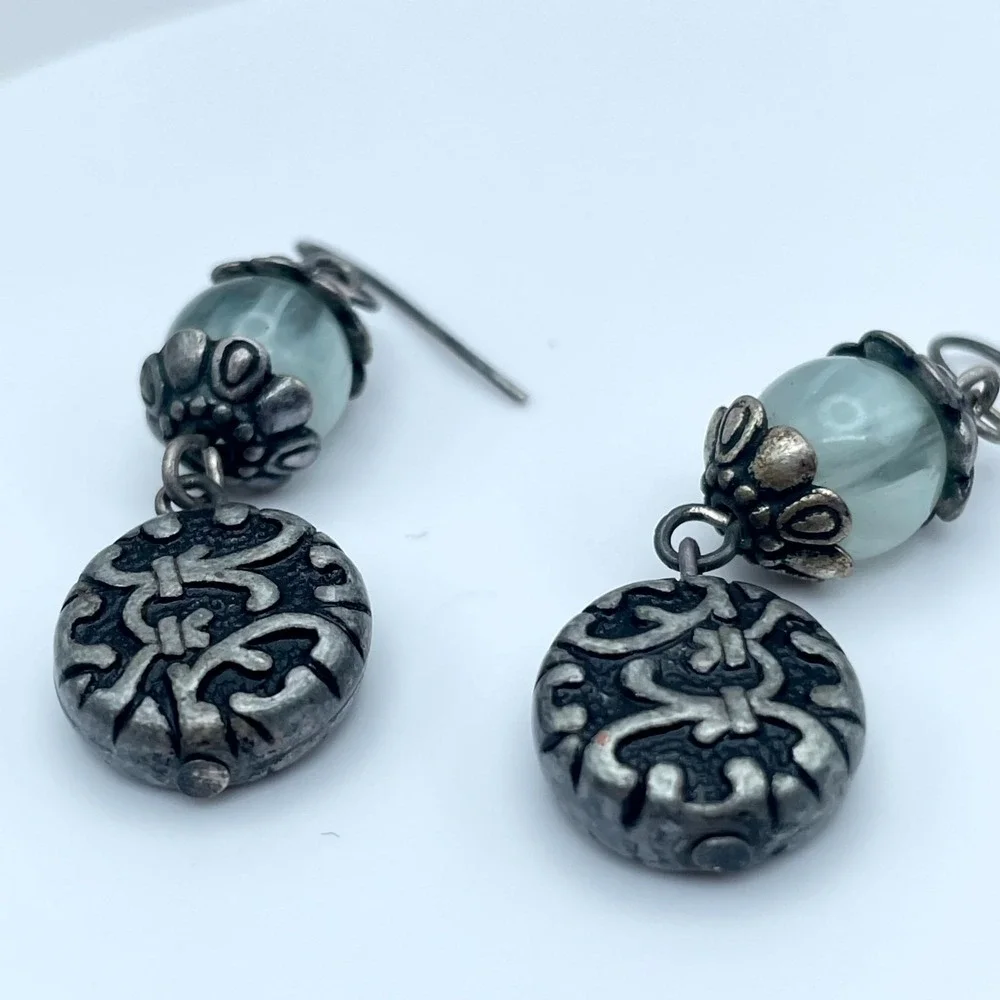 Articulated Silver-Tone Oxidized Metal Cool Waters Glass Beads Dangle Earrings